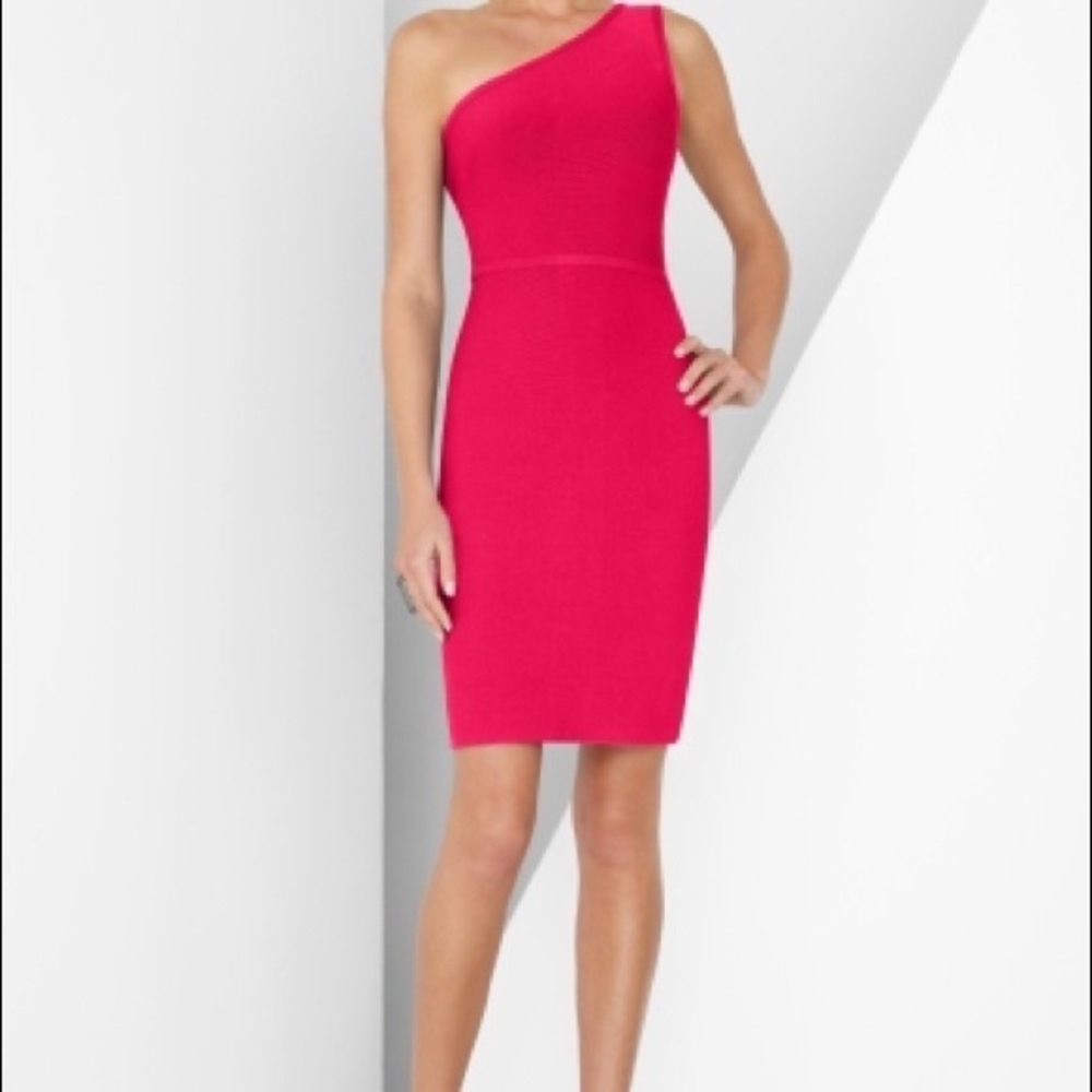 BCBGMaxazria pink one shoulder cocktail bandage dress M